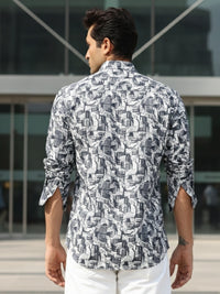 Men Blue Printed Full Sleeve Slim Fit Casual Shirt