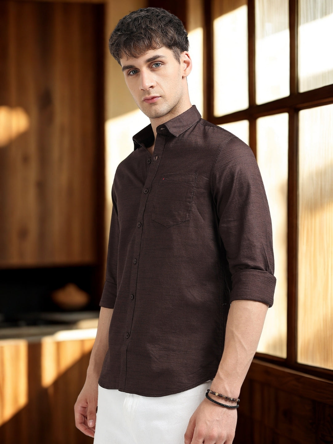 Dk Brown Solid Slim Fit Casual Shirts