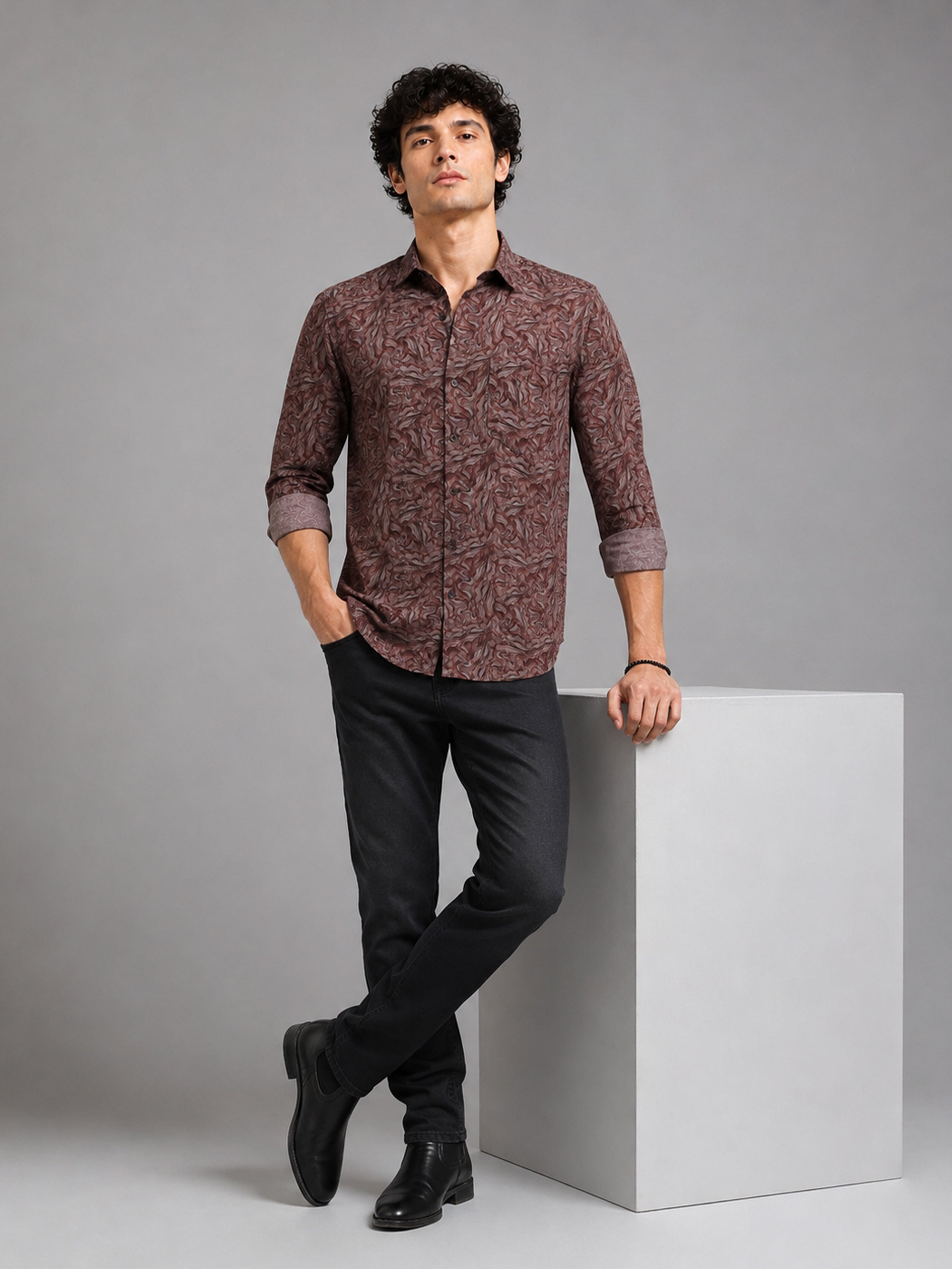 Men Maroon Slim Fit Printed Full Sleeve Casual Shirt