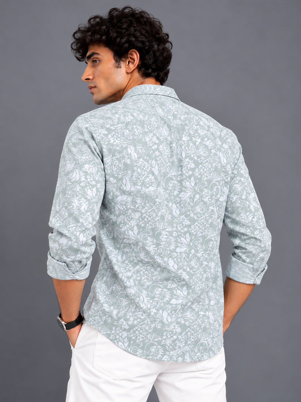 Men's Grey Slim Fit Floral Printed Casual Shirt