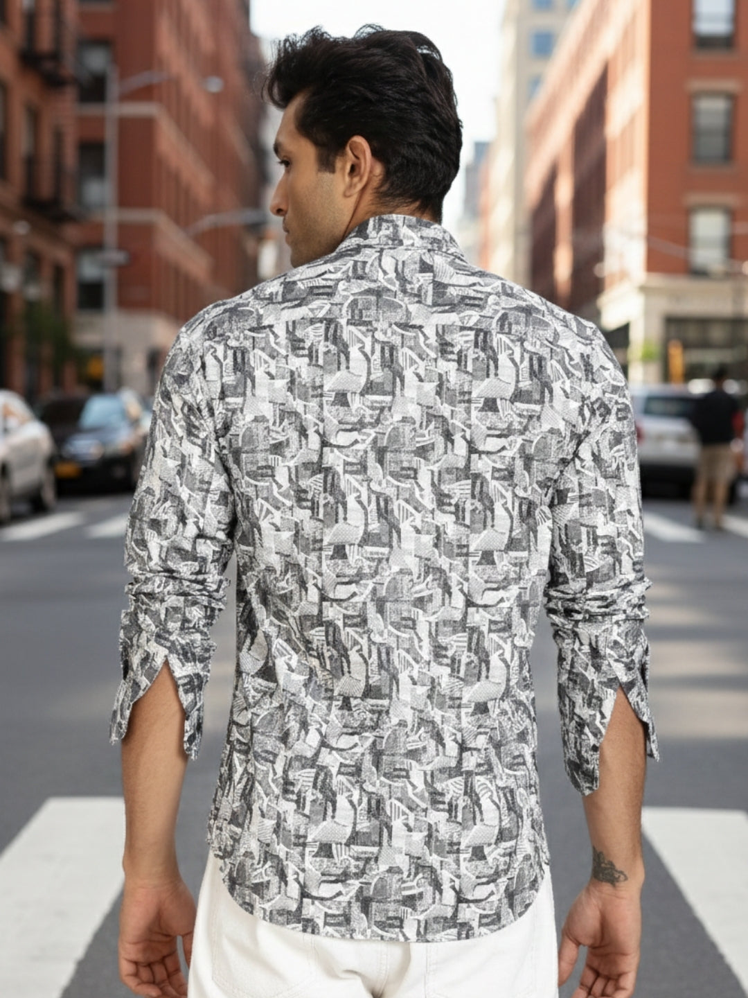 Men Grey Printed Full Sleeve Slim Fit Casual Shirt