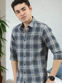 Men Grey Slim Fit Checks Full Sleeve Casual Shirt