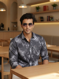 Men Dark Grey Printed Full Sleeve Slim Fit Casual Shirts