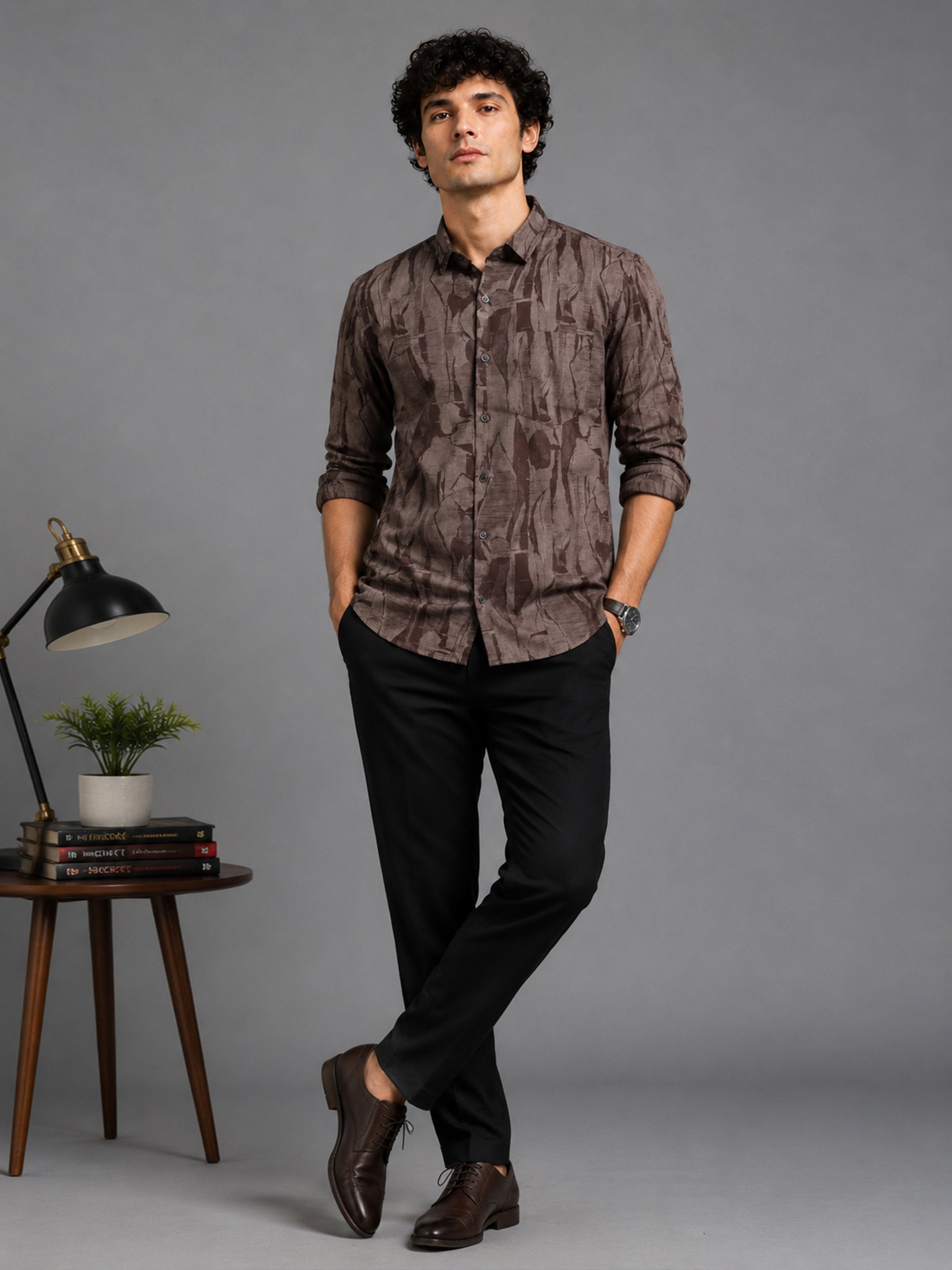 Men Brown Slim Fit Abstract Printed Full Sleeve Casual Shirt