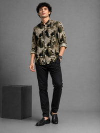Men Green Slim Fit Corduroy Printed Full Sleeve Casual Shirt