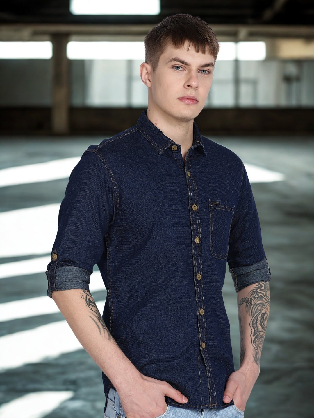 Navy Plain Slim Fit Full Sleeve Denim Casual Shirt