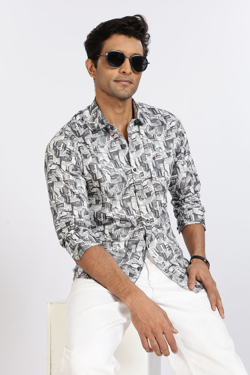 Men Grey Printed Full Sleeve Slim Fit Casual Shirt