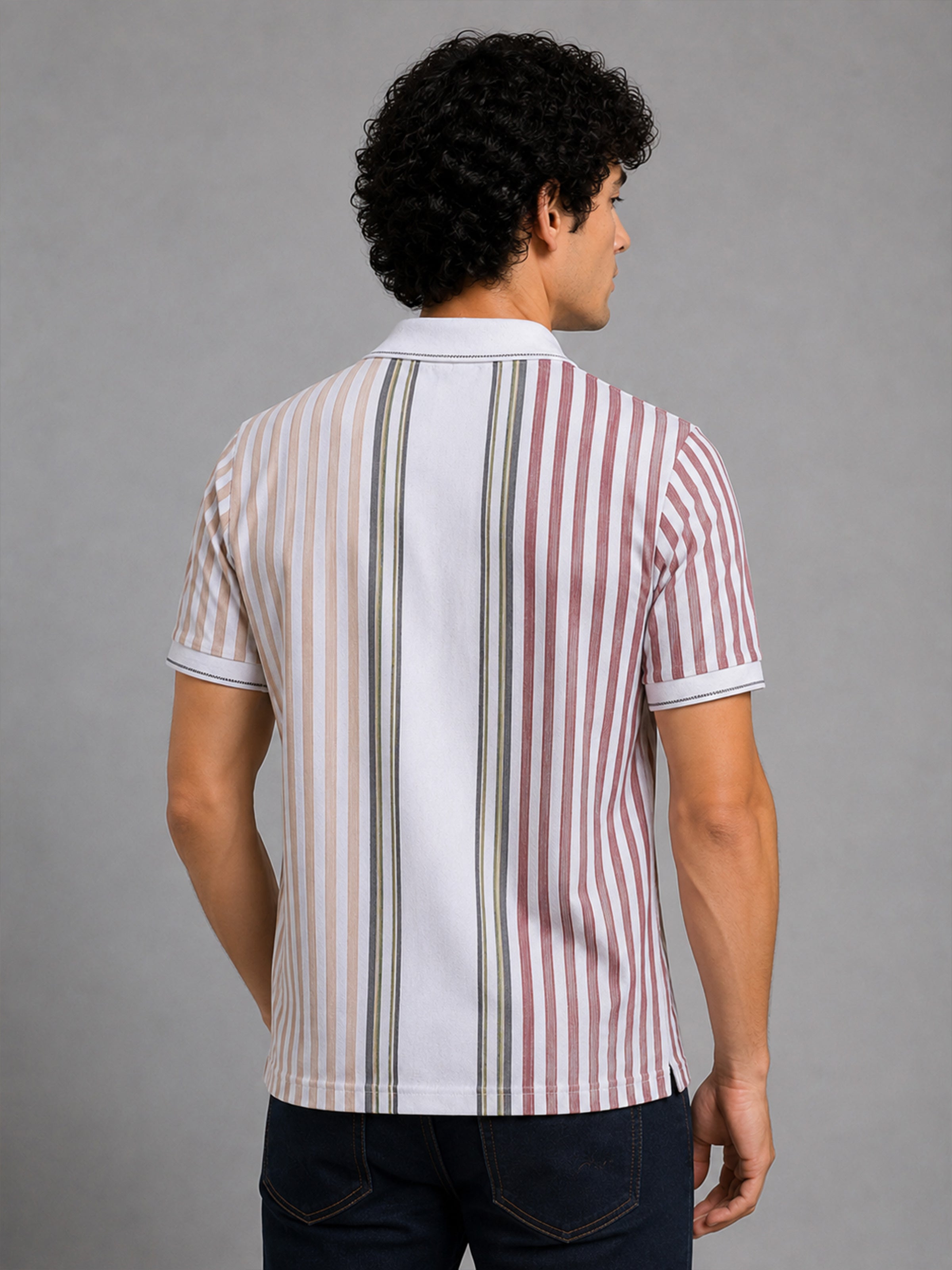 Men Red Slim Fit Striped Polo Collar Casual T-Shirt with Chest Pocket