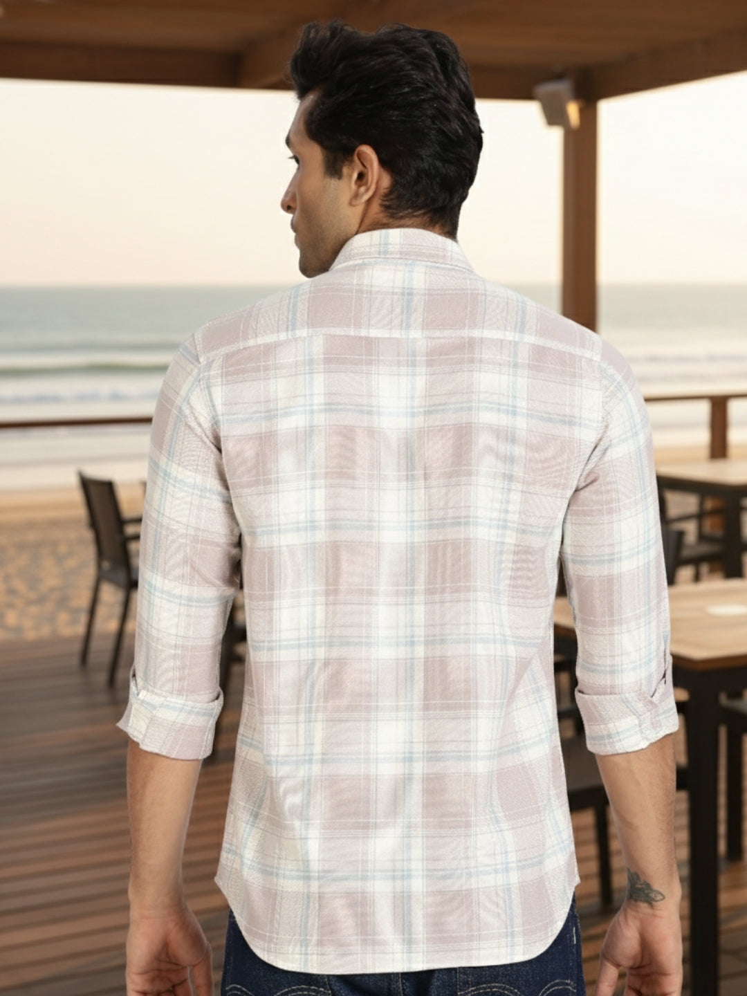 Men Peach Checked Full Sleeve Slim Fit Casual Shirt
