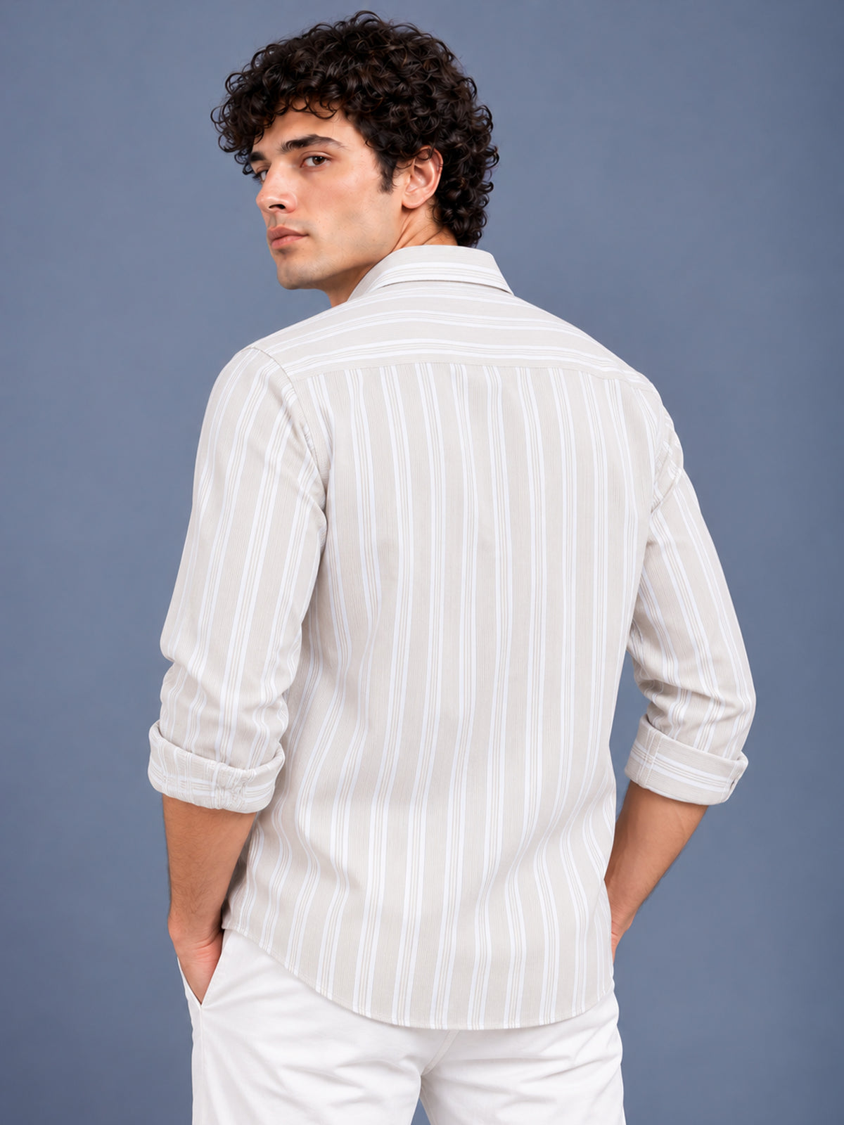 Men Beige Striped Cotton Lycra Slim Fit Casual Shirt