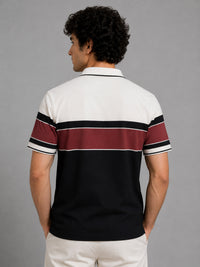 Men Brown Slim Fit Color-Block Striped Jacquard Short Sleeves Polo Collar Smart-Casual T-Shirt with Chest Pocket