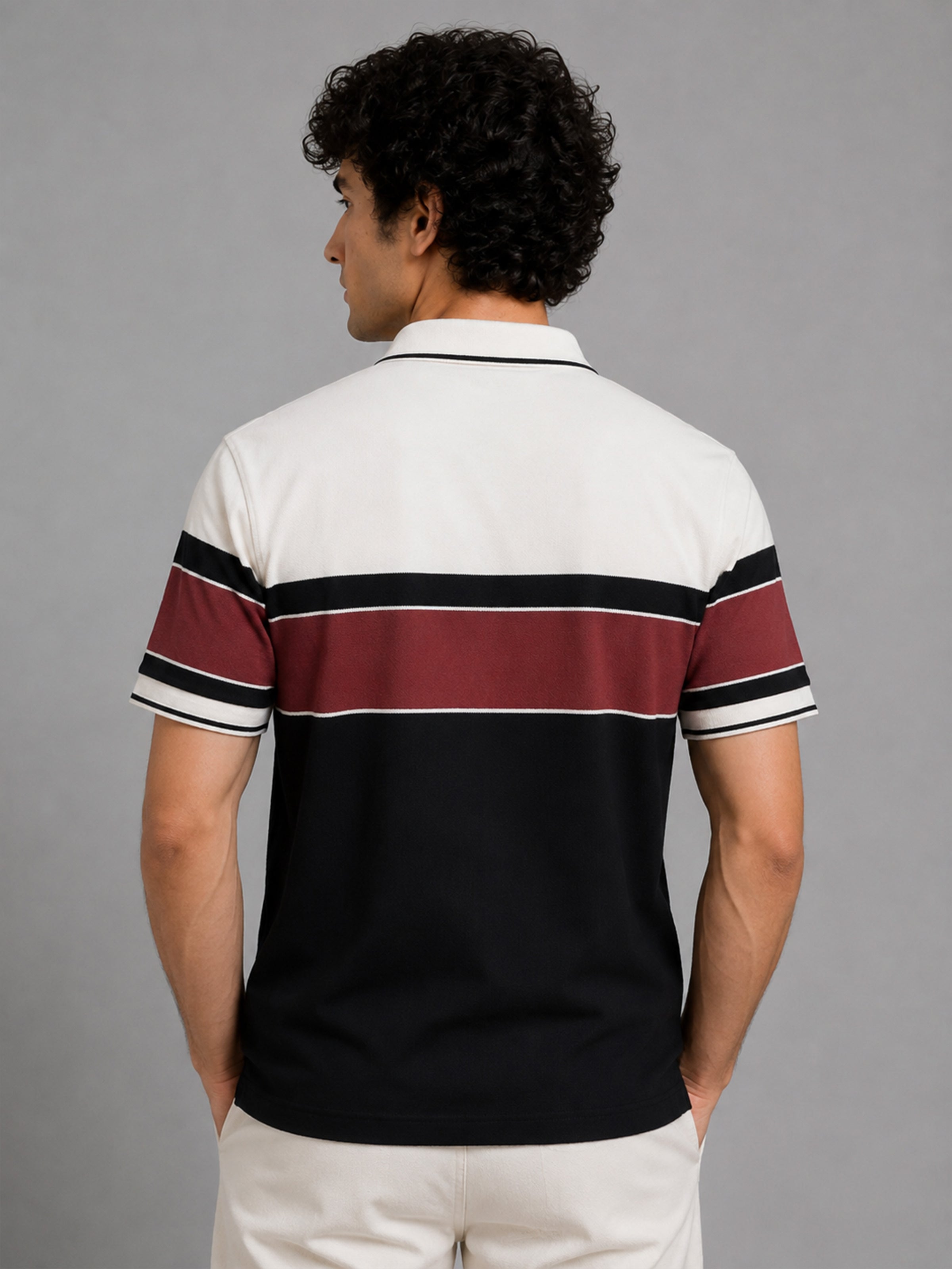 Men Brown Slim Fit Color-Block Striped Jacquard Short Sleeves Polo Collar Smart-Casual T-Shirt with Chest Pocket