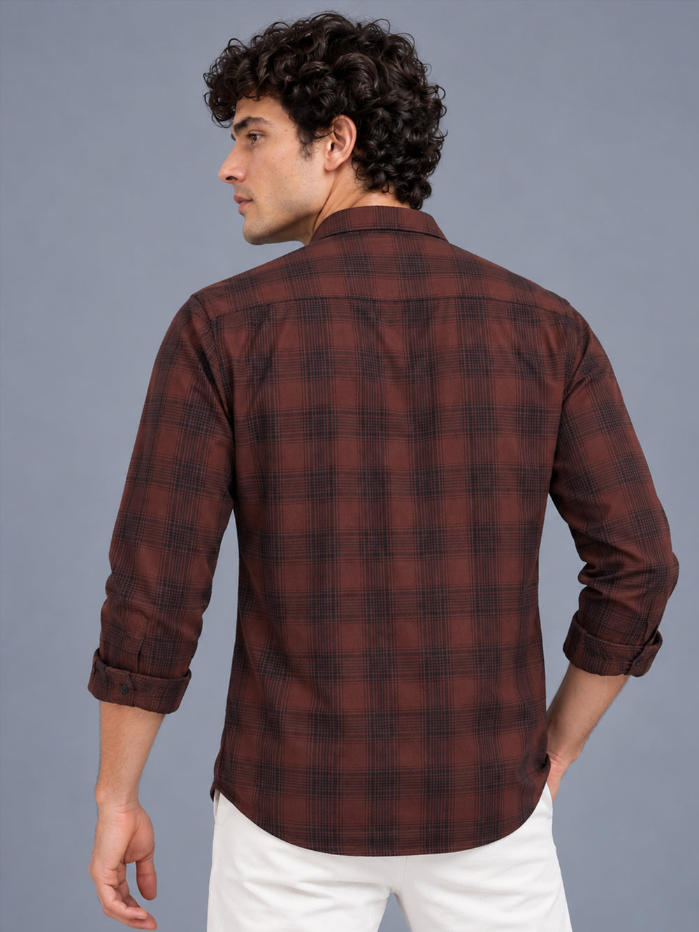 Men Smart Casual Brown Tartan Checked Slim Fit Casual Shirt