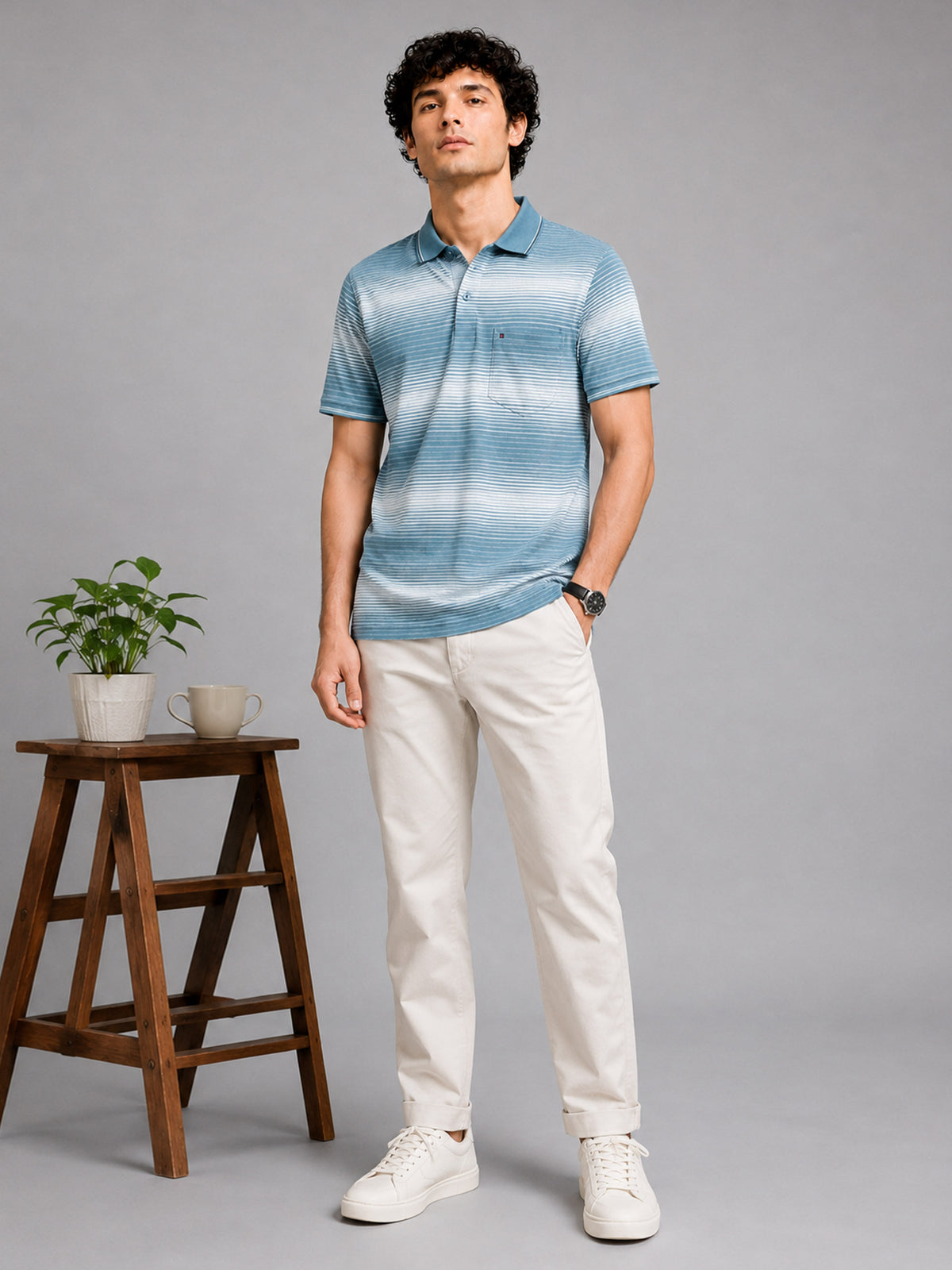 Men Light Blue Slim Fit Striped Polo T-Shirt with Chest Pocket
