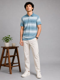Men Light Blue Slim Fit Striped Short Sleeves Polo Collar Casual T-Shirt with Chest Pocket