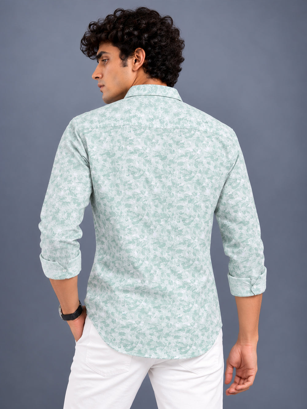 Men’s Sage Green Slim Fit Floral Printed Casual Shirt