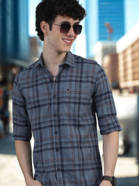 Men Navy Blue Slim Fit Checks Full Sleeve Casual Shirt