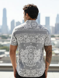 Grey Floral Printed Slim Fit Cotton Half Sleeve Casual Shirt