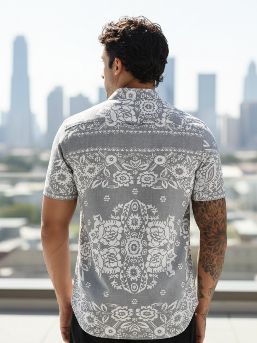 Grey Floral Printed Slim Fit Cotton Half Sleeve Casual Shirt