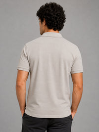 Men’s Beige Textured Knit Solid Casual Polo T‑Shirt.