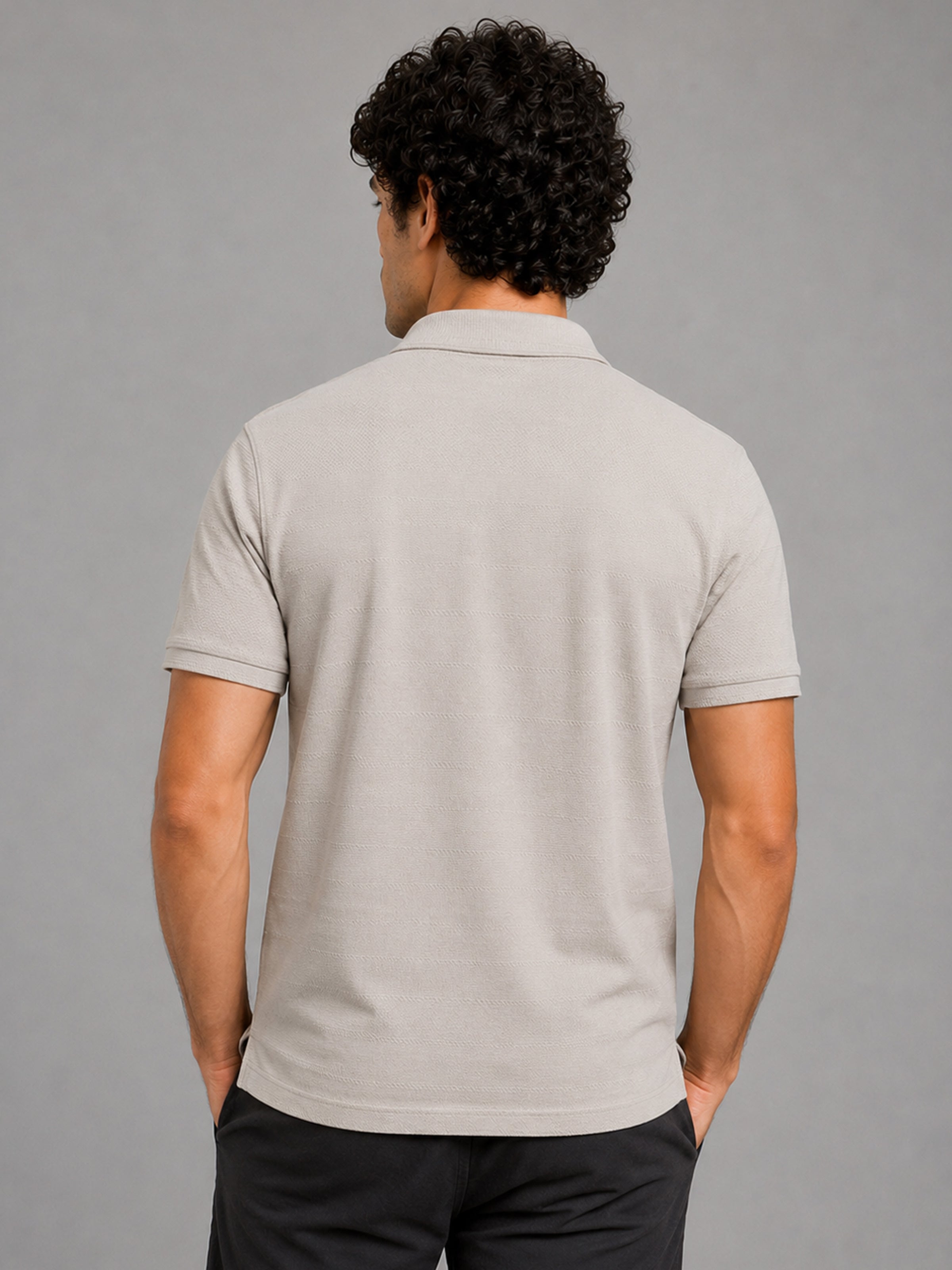 Men’s Beige Textured Knit Solid Casual Polo T‑Shirt.