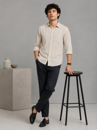 Men Beige Slim Fit Textured Striped Full Sleeve Casual Shirt