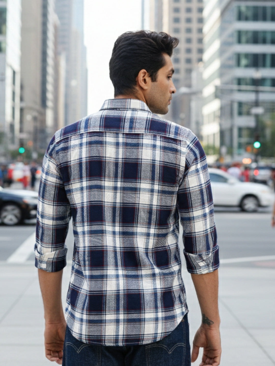 Men White Textured Check Full Sleeve Slim Fit Casual Shirts