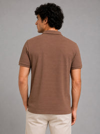 Men’s Brown Textured Knit Solid Casual Polo T‑Shirt.