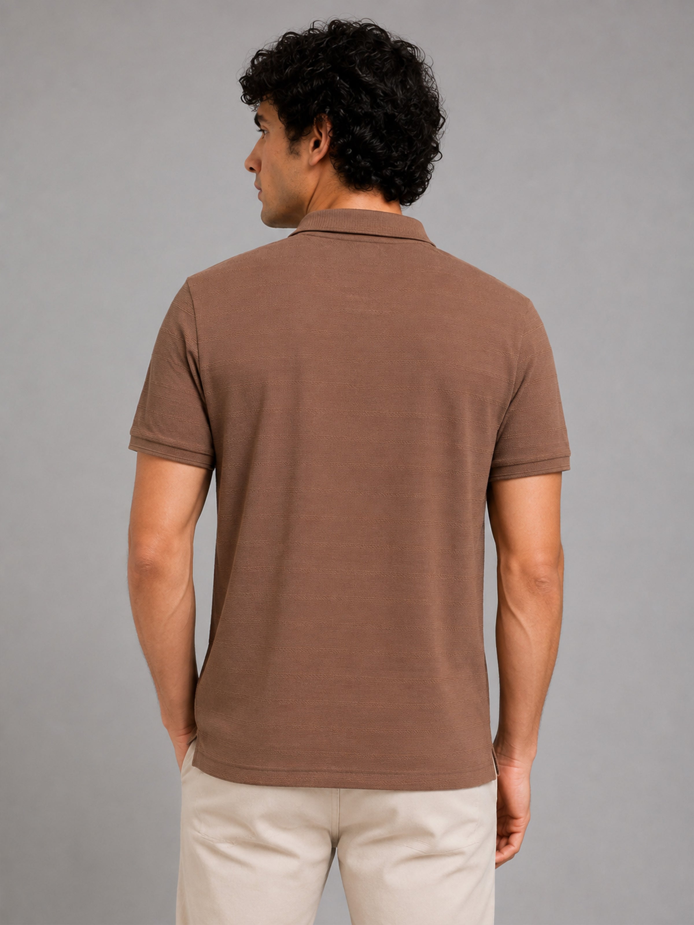 Men’s Brown Textured Knit Solid Casual Polo T‑Shirt.