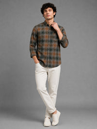 Men Green Slim Fit Plaid Check Full Sleeve Casual Shirt