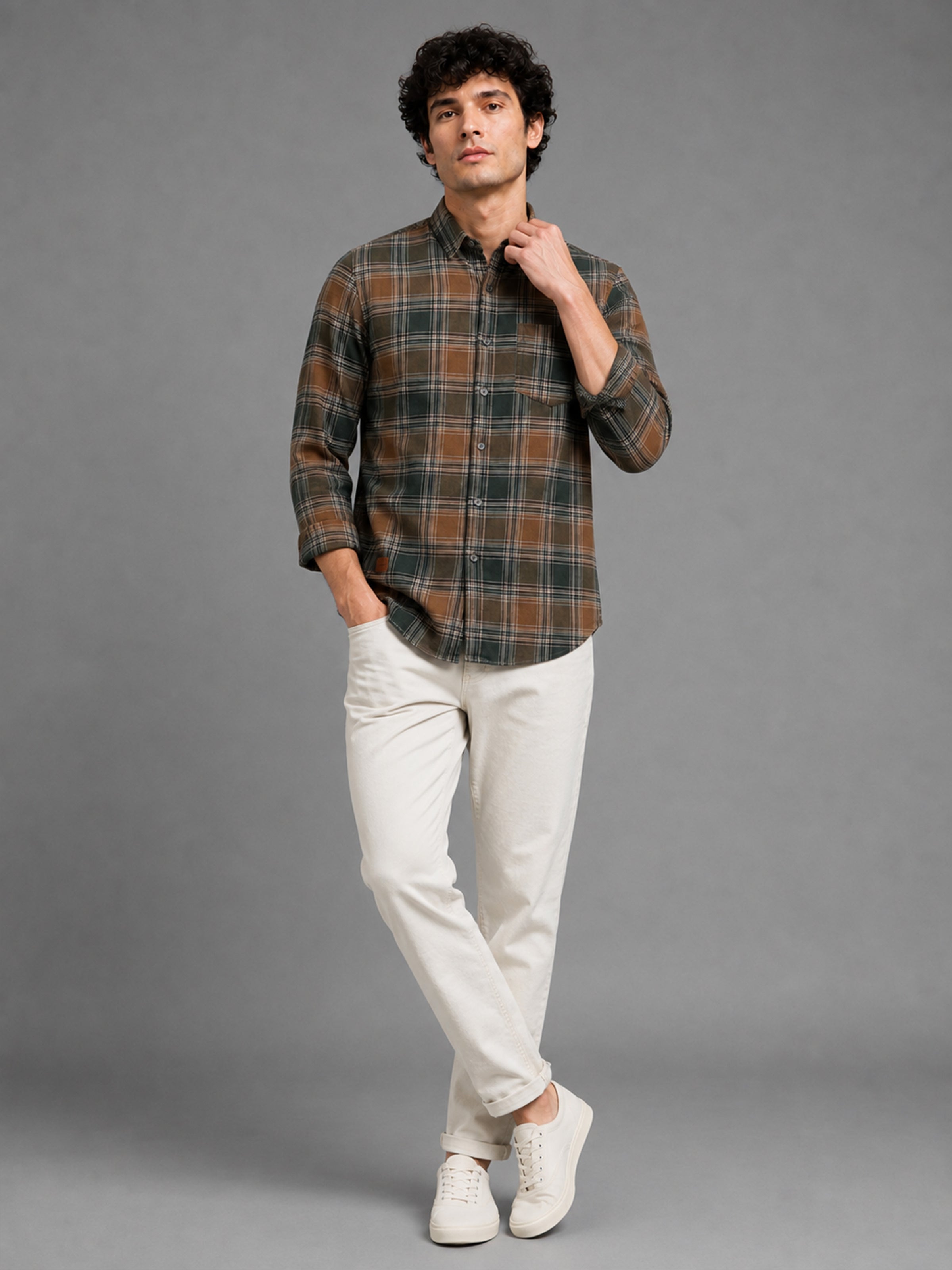 Men Green Slim Fit Plaid Check Full Sleeve Casual Shirt