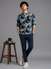 Men Navy Slim Fit Corduroy Printed Full Sleeve Casual Shirt