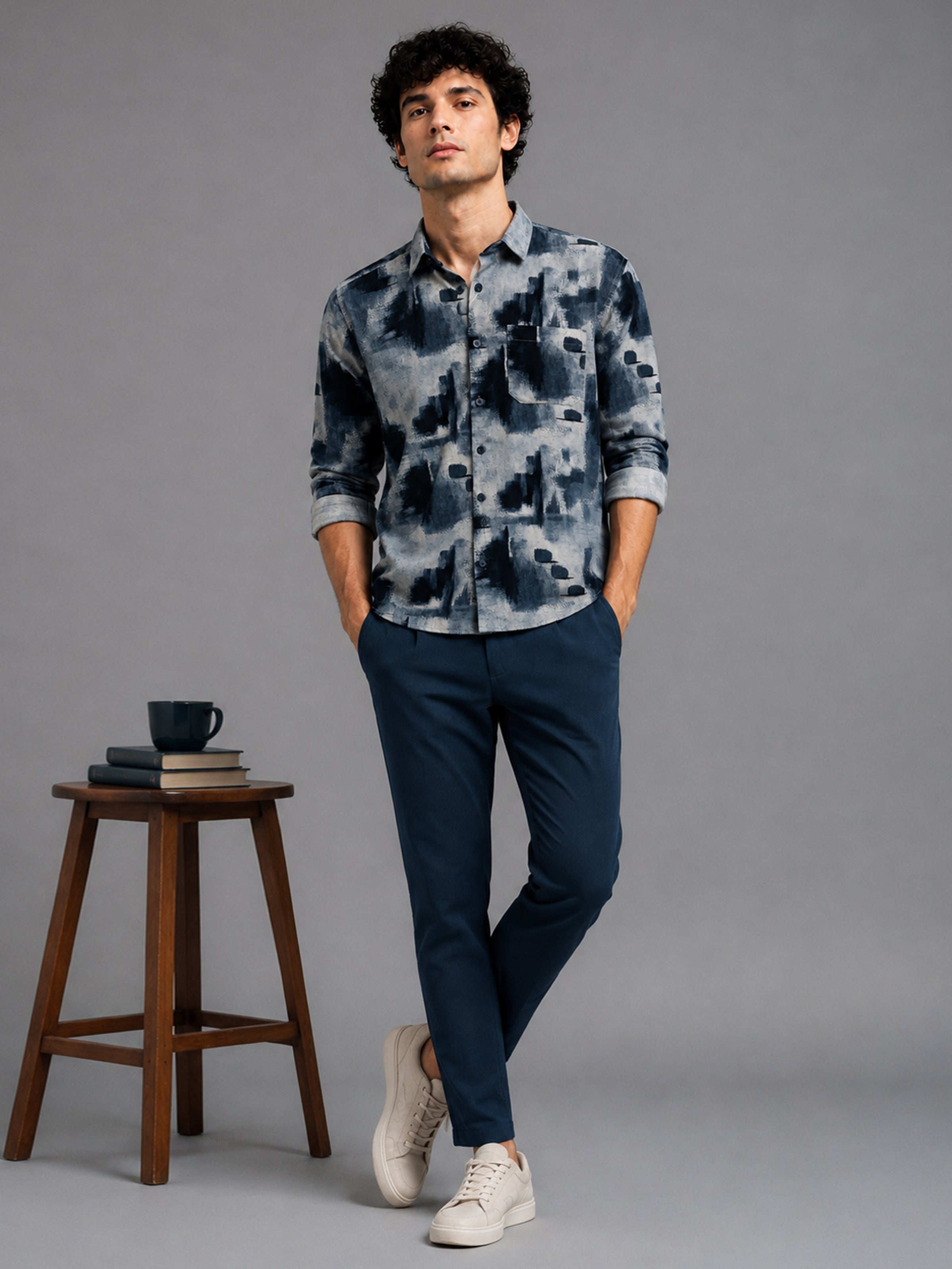 Men Navy Slim Fit Corduroy Printed Full Sleeve Casual Shirt