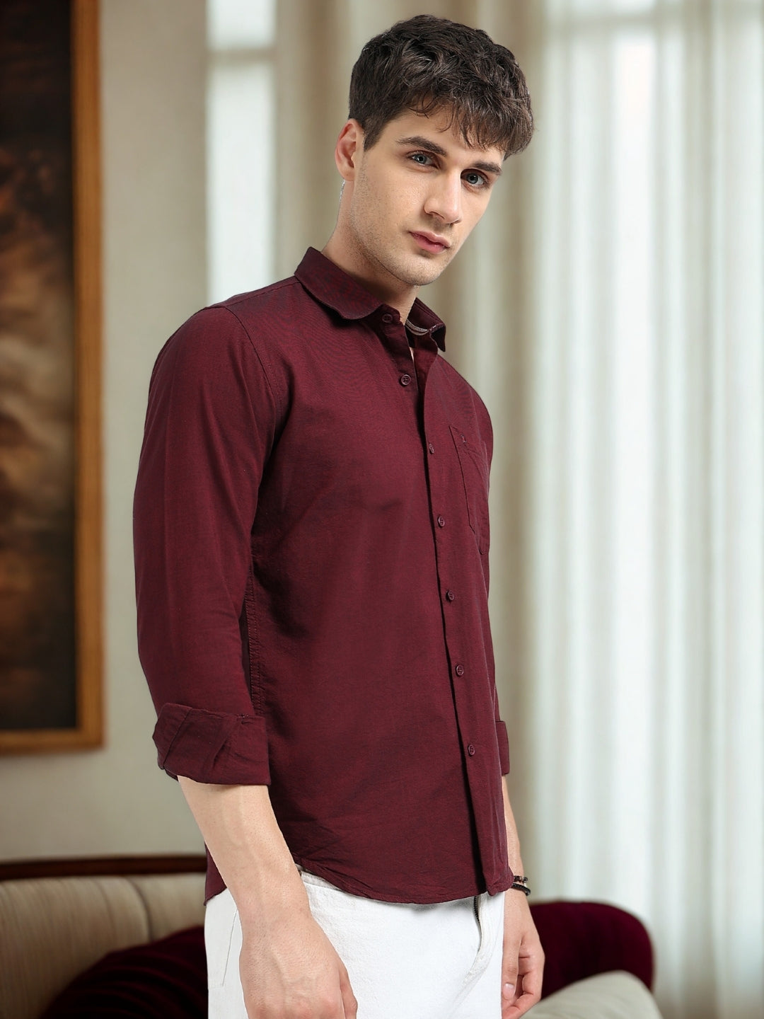 Maroon Solid Slim Fit Casual Shirts
