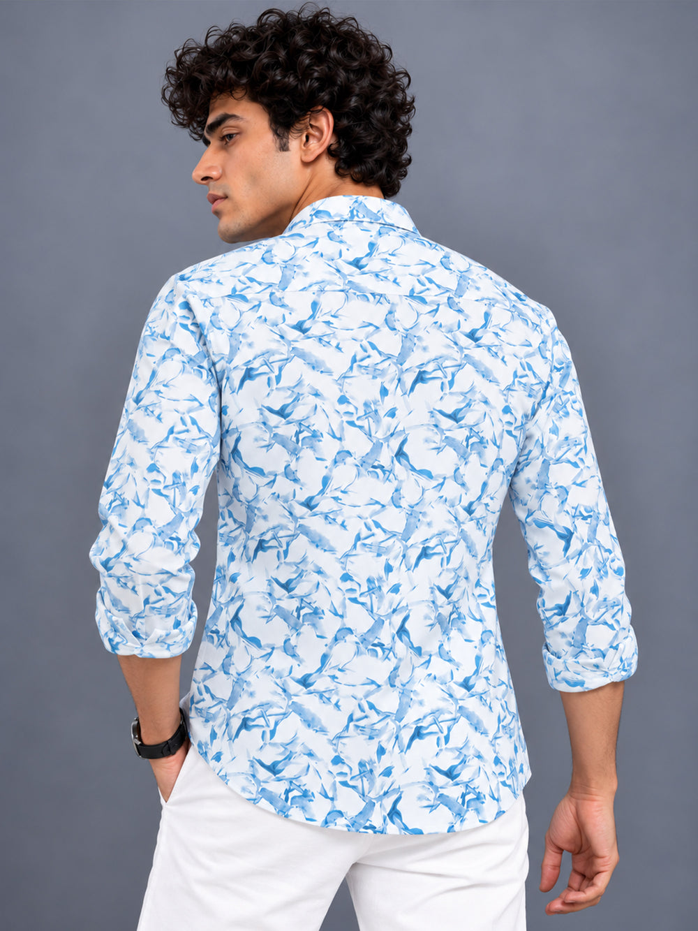 Men Blue Slim Fit Cotton Lycra Abstract printed Casual Shirt