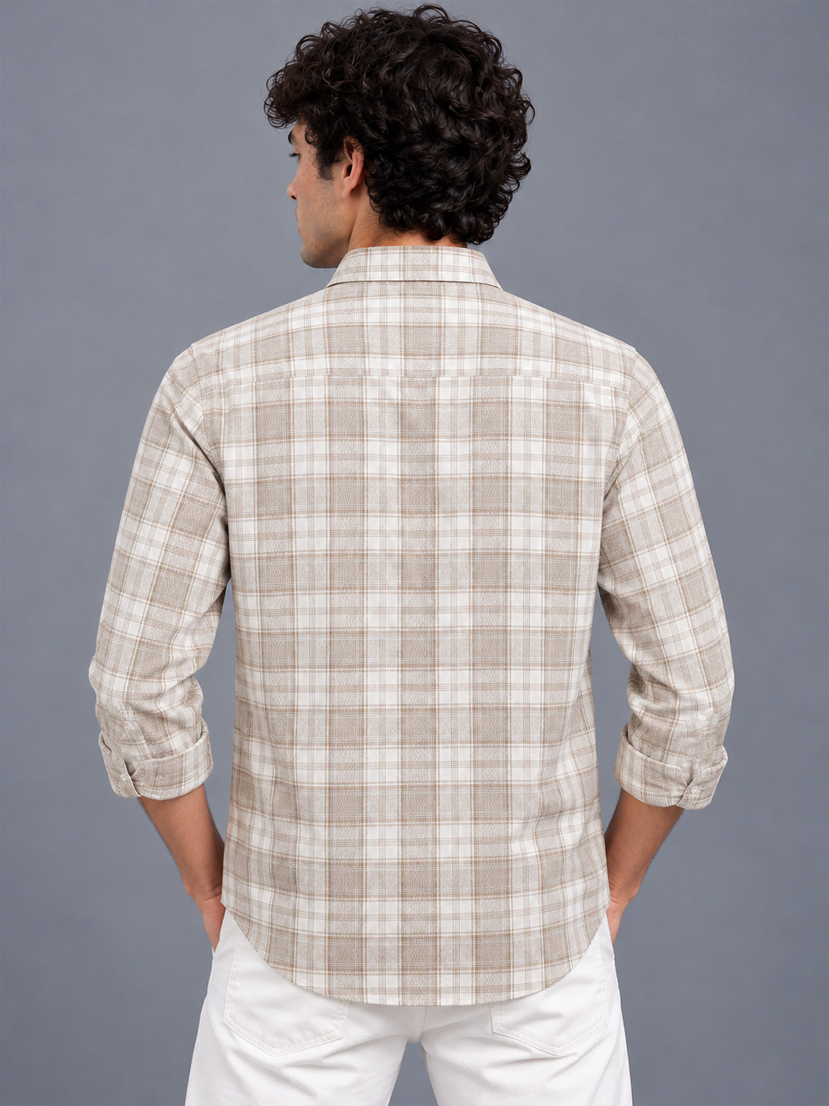 Men’s Beige Windowpane Checked Slim Fit Casual Shirt
