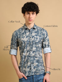 Men Grey Slim Fit Printed Full Sleeve Casual Shirt
