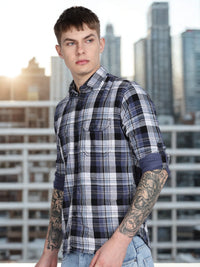 Navy Madras Checked Double Pocket Shirt