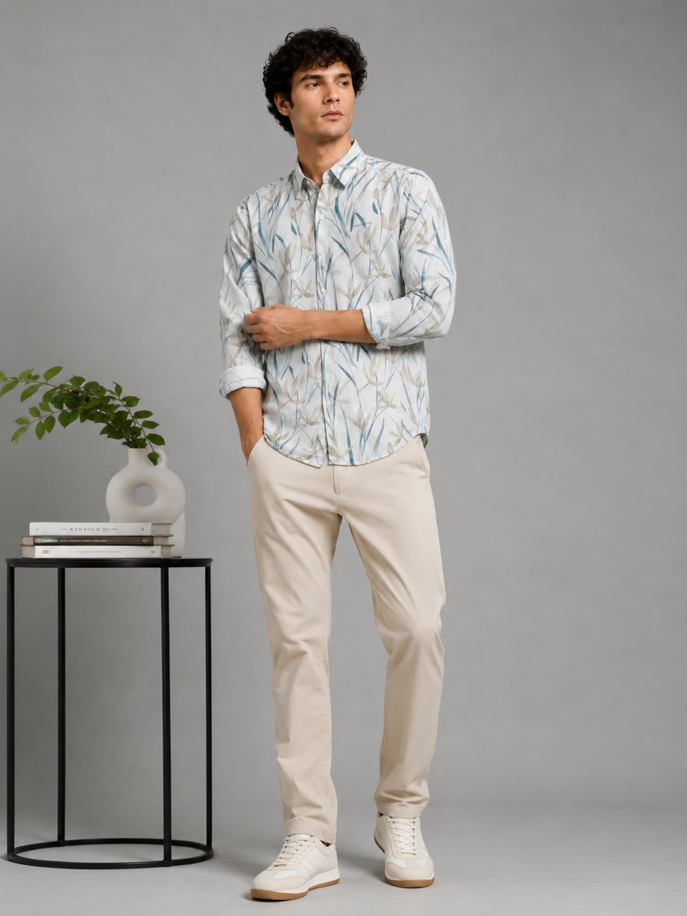 Men Cream Slim Fit Floral Print Full Sleeve Casual Shirt