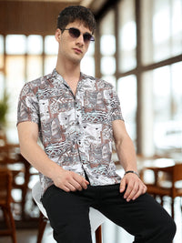 Brown Abstract Floral Print Slim Fit Half Sleeve Cuban Collar Shirt