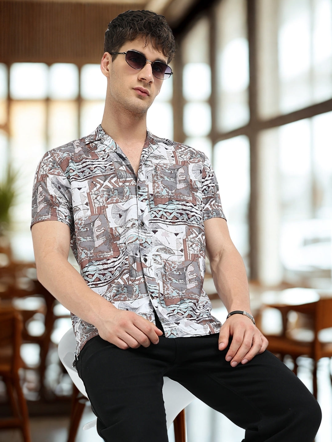 Brown Abstract Floral Print Slim Fit Half Sleeve Cuban Collar Shirt