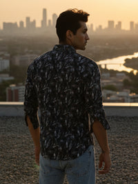 Men Blue Leaf Print Full Sleeve Slim Fit Casual Shirts