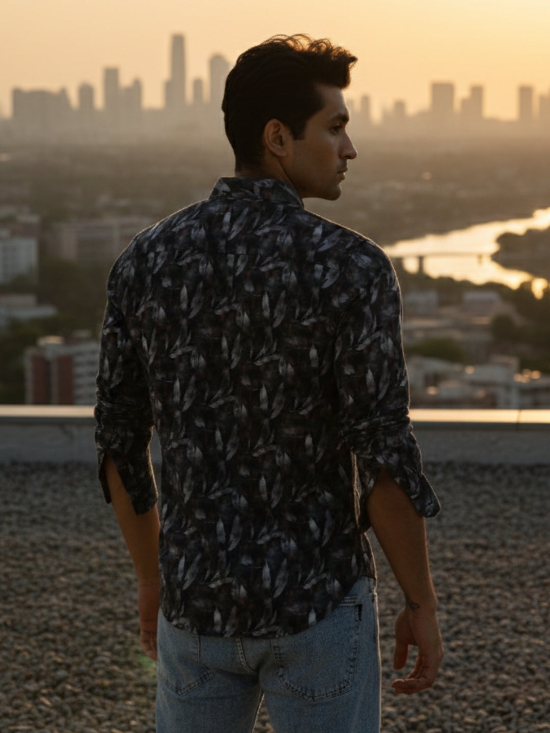 Men Blue Leaf Print Full Sleeve Slim Fit Casual Shirts