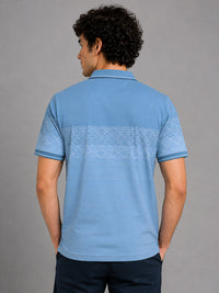 Men Blue Slim Fit Geometric Striped Polo Collar Casual T-Shirt with Chest Pocket