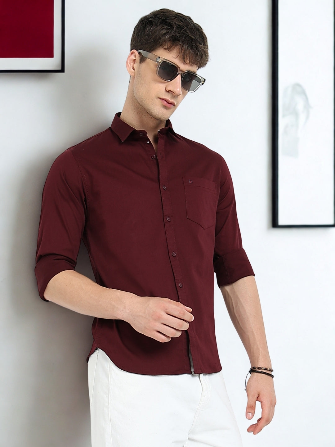 Maroon Solid Slim Fit Casual Shirts