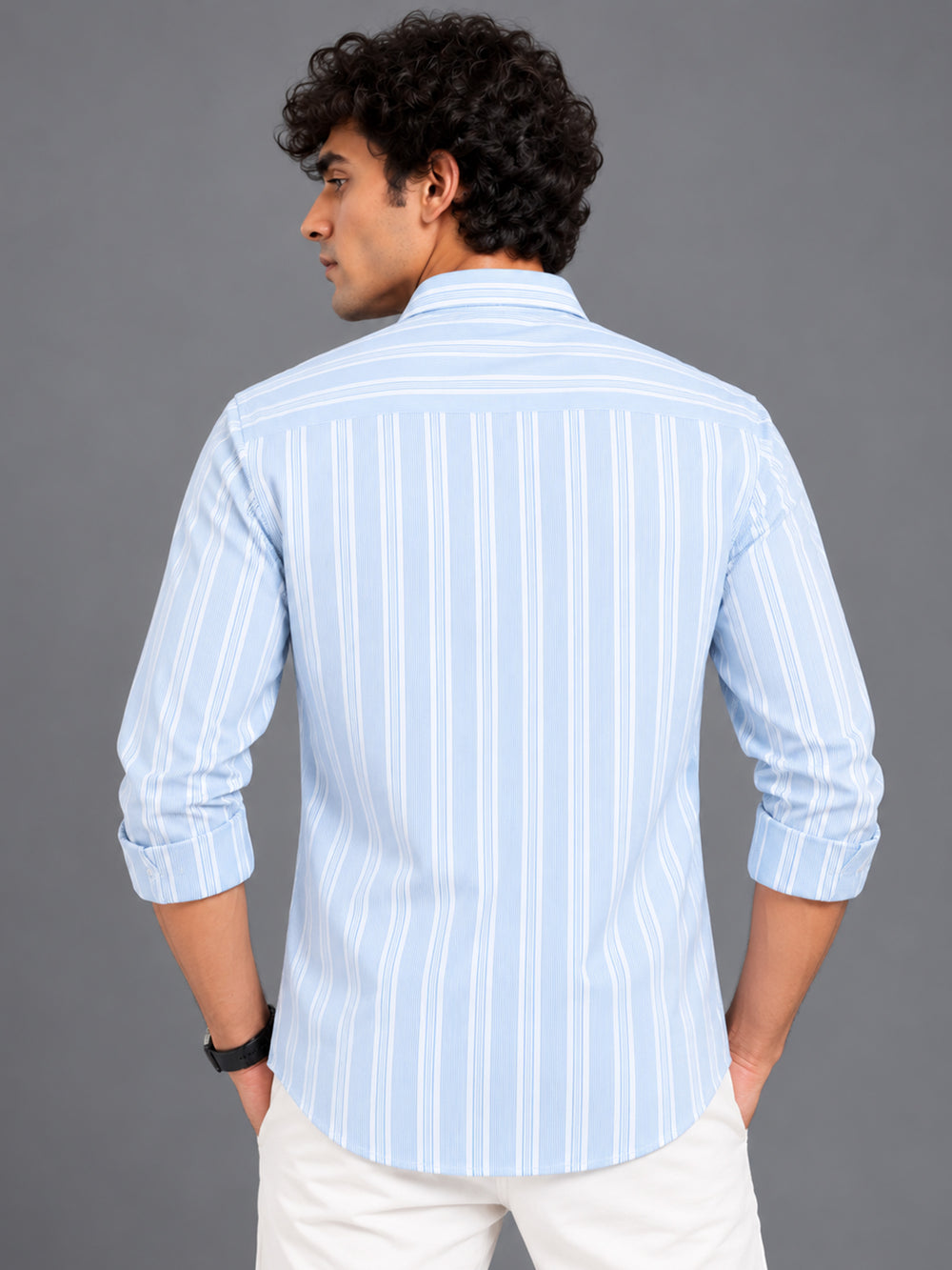 Men Blue Striped Cotton Lycra Slim Fit Casual Shirt