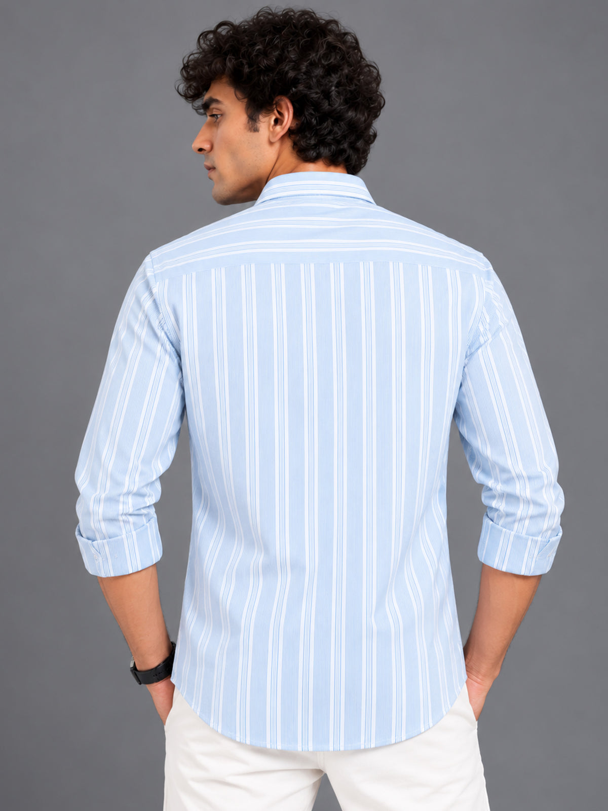 Men Blue Striped Cotton Lycra Slim Fit Casual Shirt