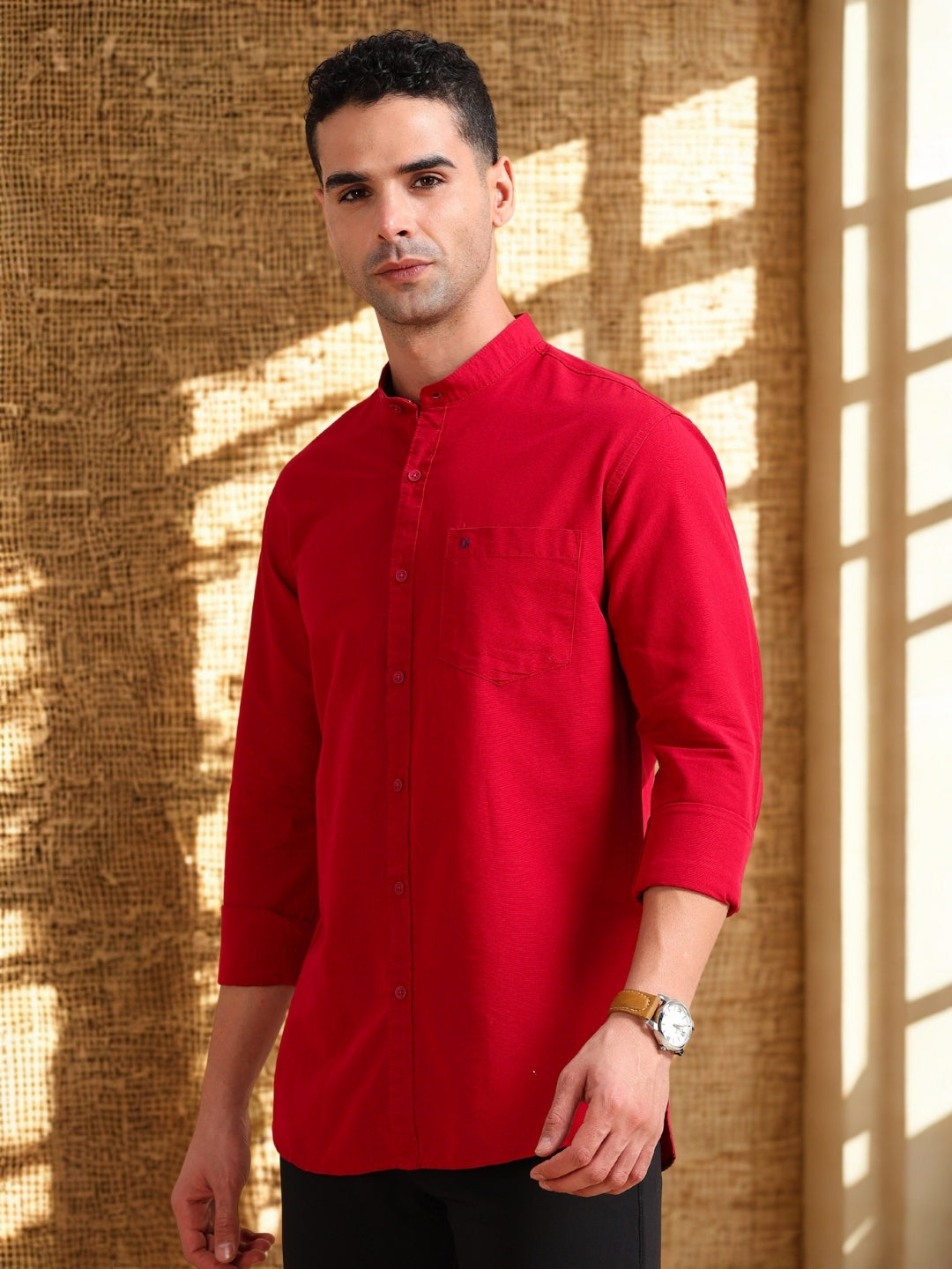 Men Red Slim Fit Solid Full Sleeve Casual Shirt