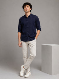 Men Navy Slim Fit Embroidered Full Sleeve Casual Shirt