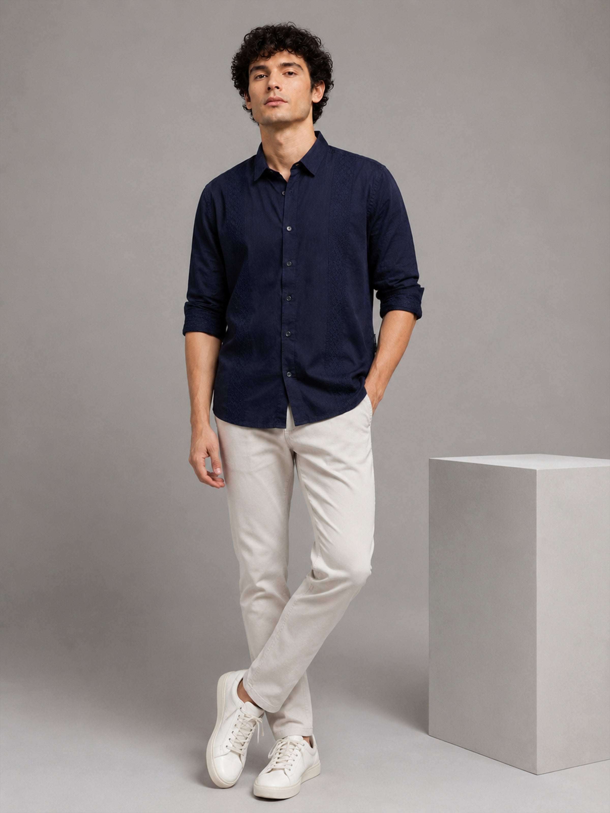Men Navy Slim Fit Embroidered Full Sleeve Casual Shirt